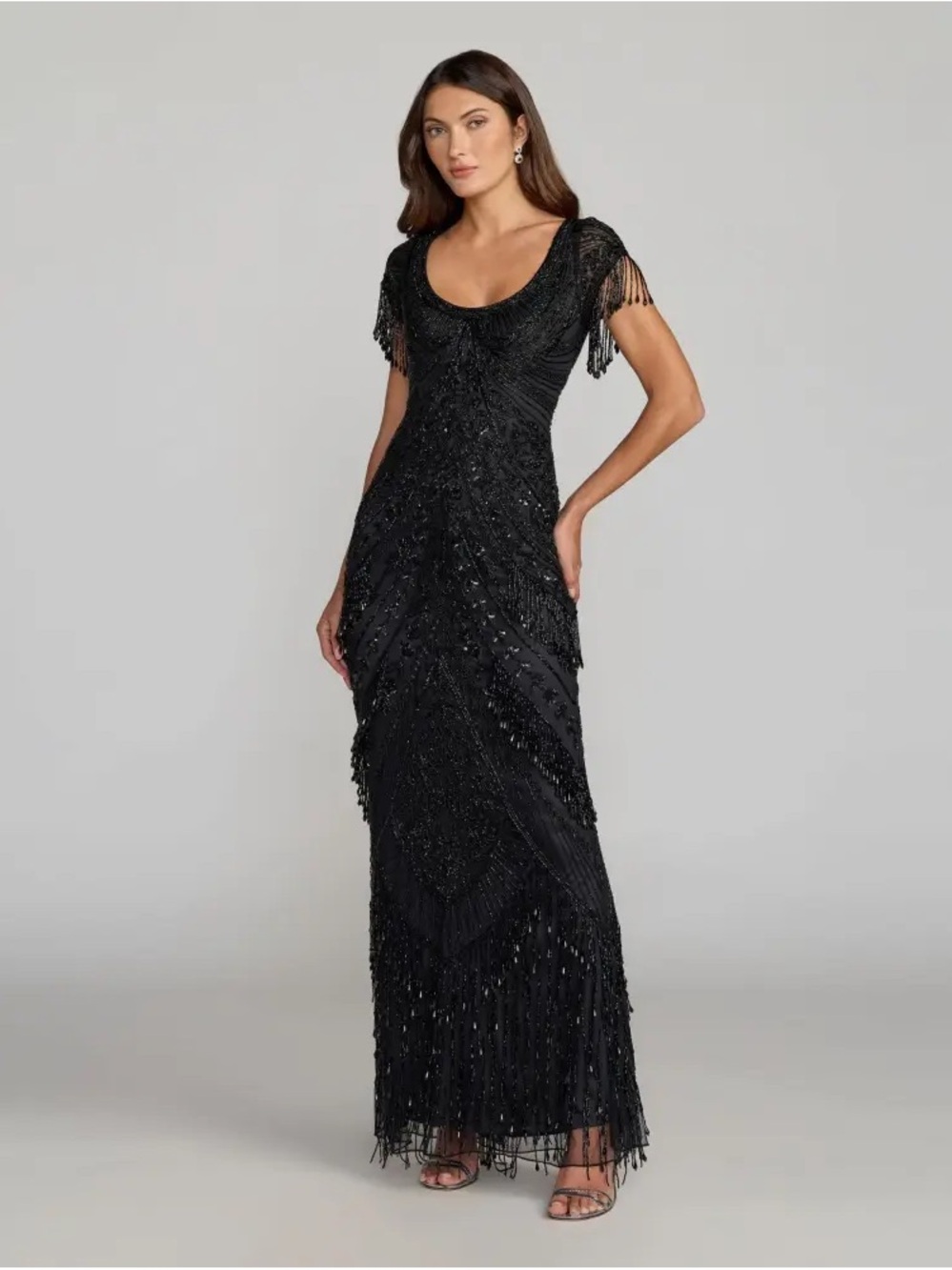 Mac Duggal Black Beaded Fringe Maxi Dress 10